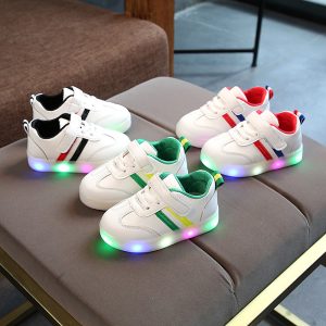 Kids white LED light-up sneakers with velcro and non-slip rubber sole